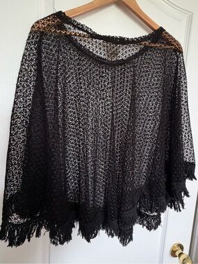 Black Open-Weave Fringe Poncho Cape